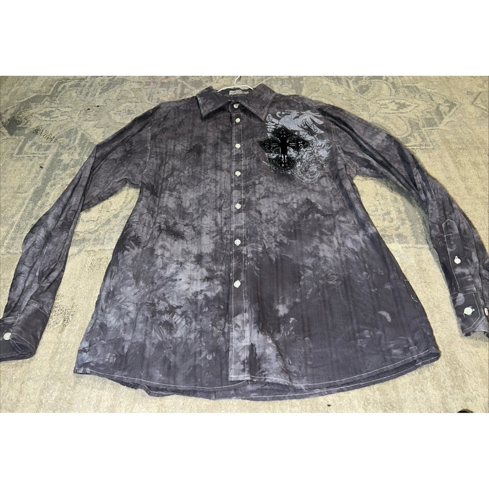 Eighty Eight Men's Size Large Gray Black Cross Long Sleeve Shirt Button Up